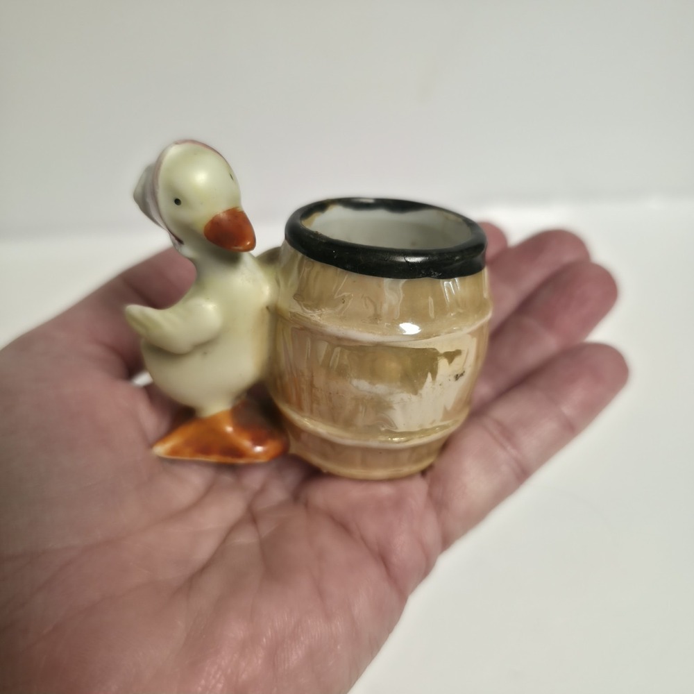 Vintage Ceramic Duck with Barrel Toothpick Holder Mini Planter Kitsch Japan